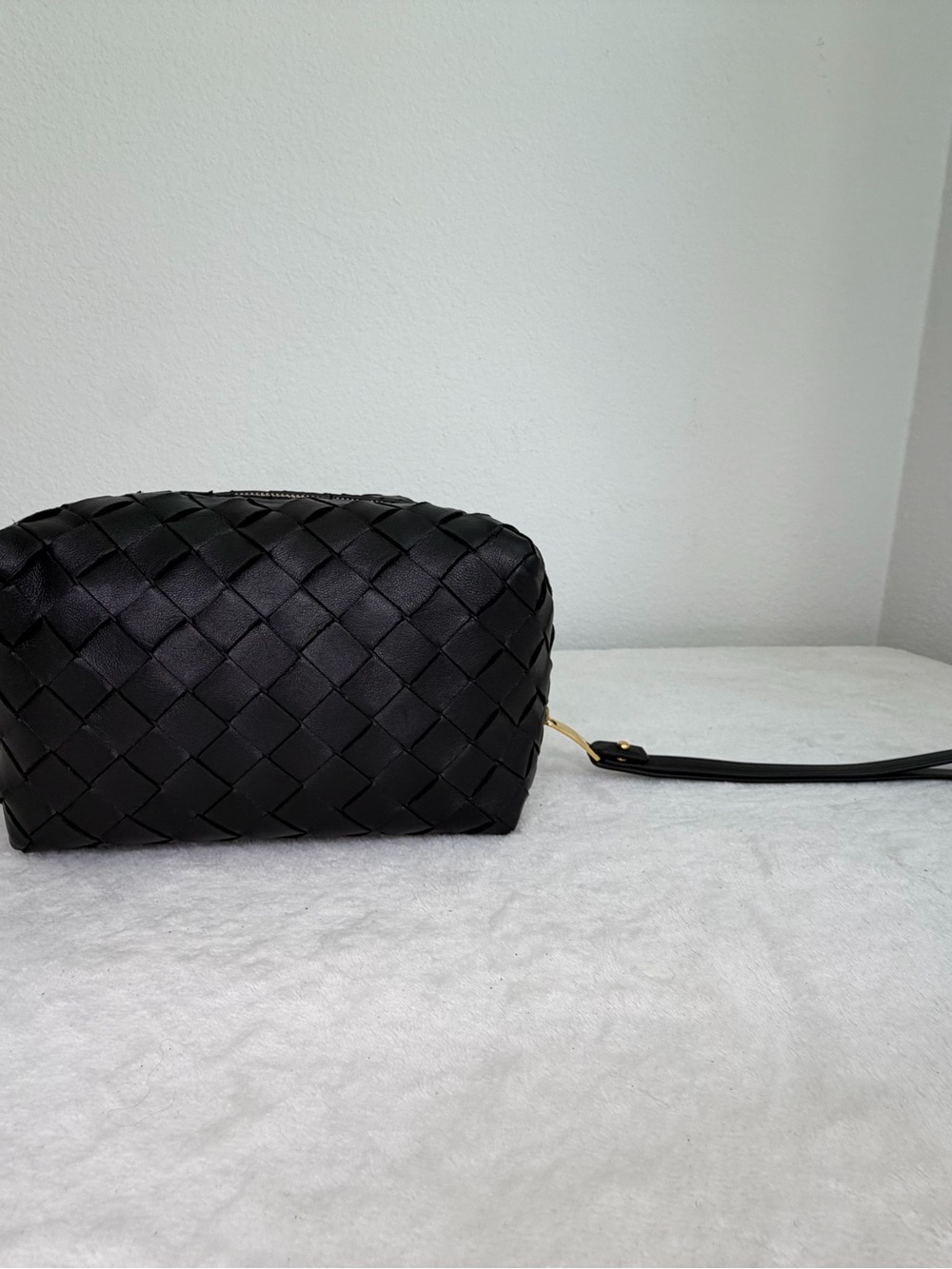 Bottega Veneta Black Intrecciato Leather Cosmetic Pouch with Wrist Strap